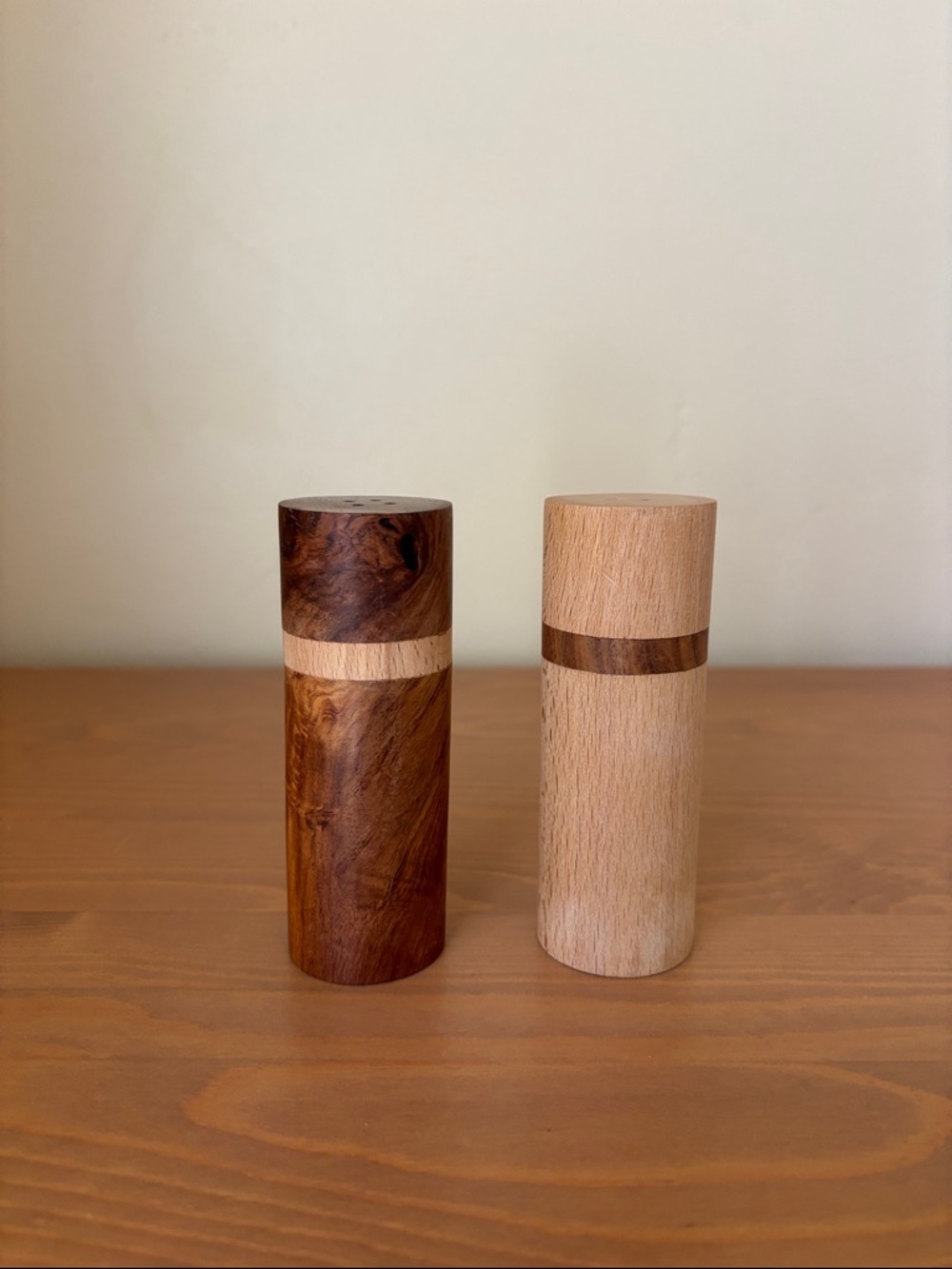 Handcrafted Two-Tone Wooden Salt & Pepper Shakers - Natural and Dark Brown